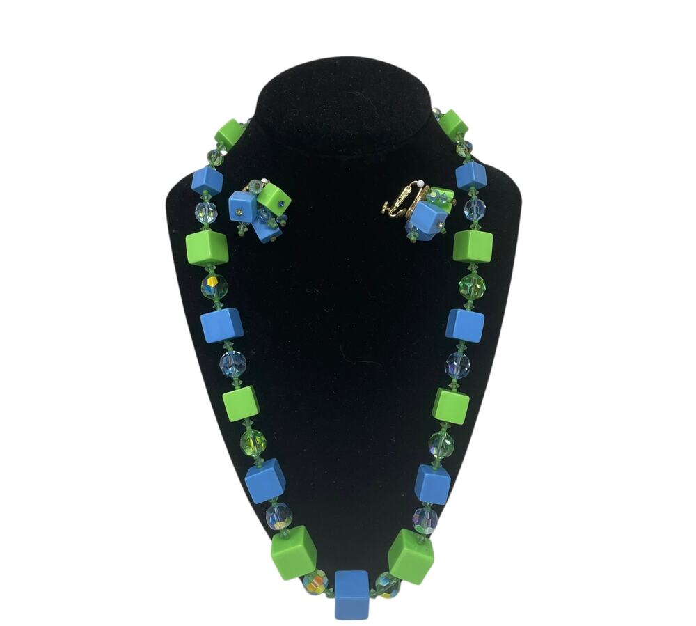 Vendome Vintage Lucite and Crystal Demi-Parure Cubist MCM Signed Green and Blue